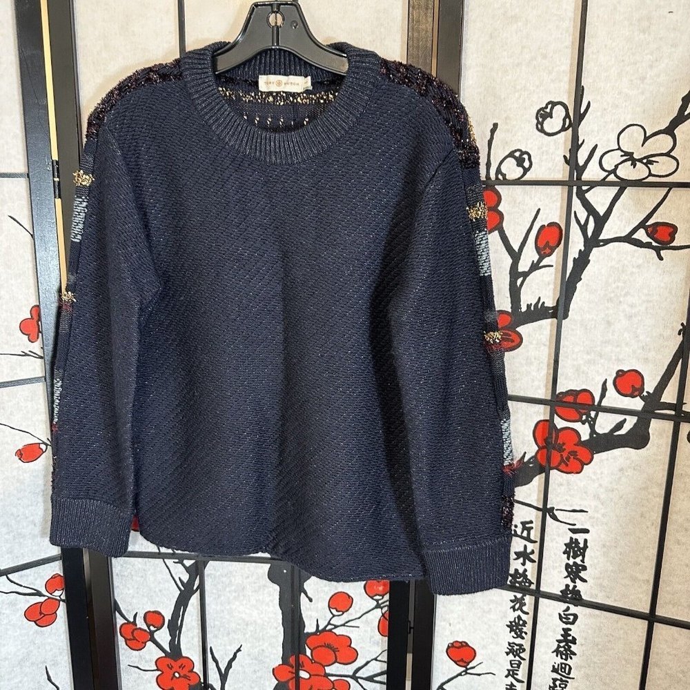 Tory Burch Sweater Stripe Metallic Merino Wool Alpaca Blend Danielle Navy Thick - Picture 4 of 11